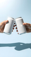 Hands raising aluminum beer and soda cans in a toast against a blue backdrop. A vertical template mockup for recyclable beverage branding, advertising and posters with ample copyspace