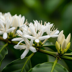 Macro view of delicate white coffee flowers in full bloom on a branch, surrounded by lush green leaves in natural light.
