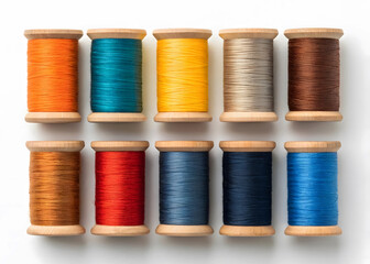 Colorful Sewing Thread Spools Arranged in Two Rows on White Background