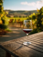 Wine glass on wooden table, vineyard backdrop with blurry hills on a sunny day