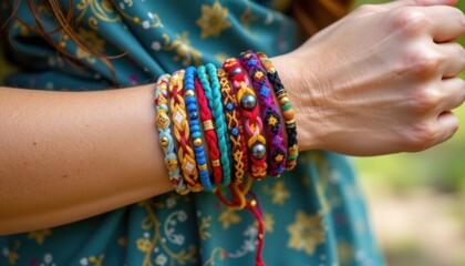 colorful woven friendship bracelets stacked on wrists for casual 1970s inspired retro fashion statements