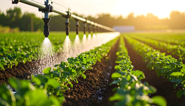 Macro photo of a smart irrigation drip system watering green crops on organic farmland. Represents sustainable, modern, and precise agricultural methods.
