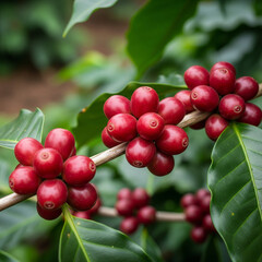 Detailed macro view of vibrant red coffee cherries growing in clusters on a healthy branch with lush green leaves in background.
