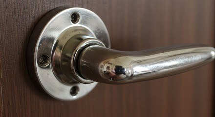Close-up of Silver Door Handle on Wooden Door in Modern Interior