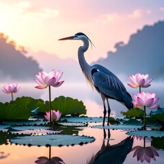 Fototapeta premium Heron on lotus pond at dawn