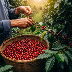 Close-up of hands picking red coffee cherries from a branch into a woven basket during harvest season on a lush plantation.
