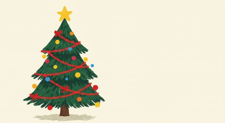 Hand-drawn Christmas tree with star and ornaments.

