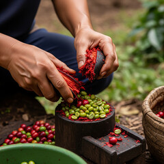 Close-up of hands manually pulping red coffee cherries to extract green beans, demonstrating traditional coffee preparation technique.
