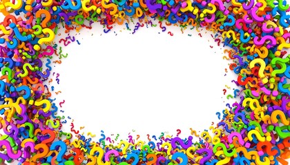 Colorful question marks form a frame around a white space