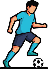  A stylized illustration of a male soccer player in a light blue jersey and dark blue shorts, actively dribbling a soccer ball.