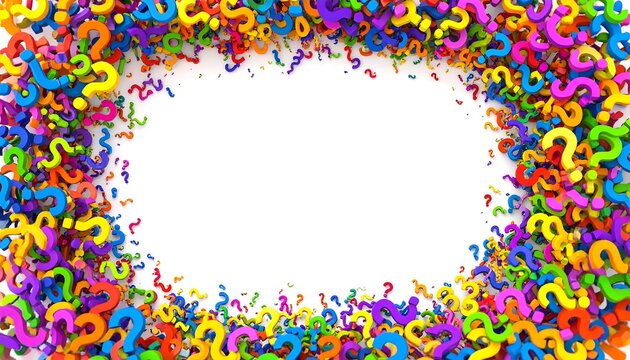 Colorful question marks form a frame around a white space
