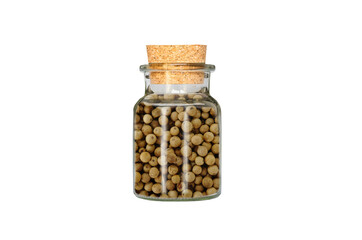 peppercorns in glass container isolated on white background
