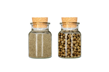 grind pepper and peppercorns isolated on white background