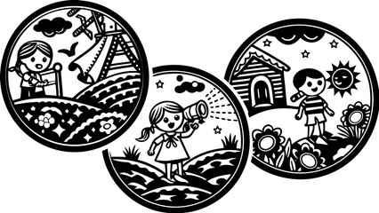 Naklejka premium Three circular scenes with children playing, nature, and structures in black and white style