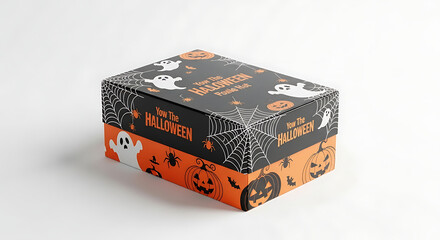 Obraz premium Close up of a halloween themed box with ghosts pumpkins and spiderwebs on a white background ai generated