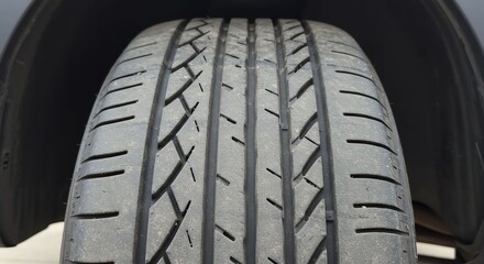 Car Tire Close Up Showing Tread Pattern and Wear on Road Vehicle