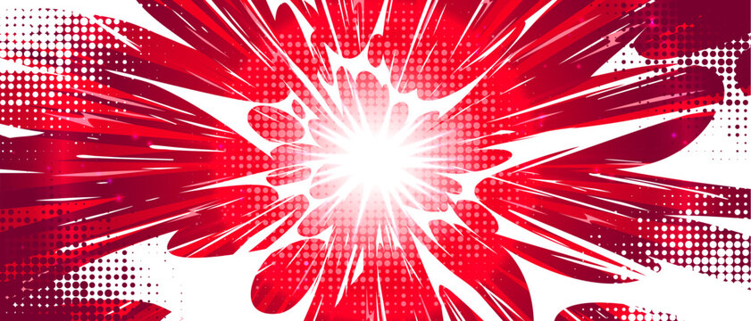 Anime explosion burst with radiant red energy streams flowing outward from bright central core. Dynamic comic halftone style impact of powerful blast effect spreading water waves, manga action scene