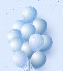 Blue balloon bunch with sparkles floating on pastel background. Realistic party decorations - glossy spheres tied by string with glitter confetti. Celebration elements for birthday or festive events.