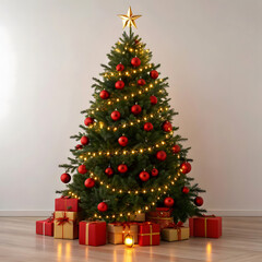 Decorated Christmas Tree with Red Ornaments and Presents Indoors