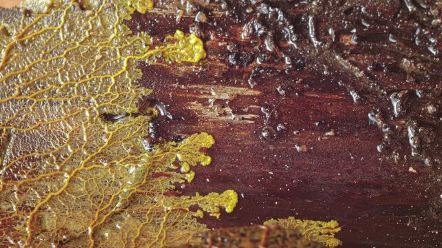 Yellow slime mold plasmodium in pulsating motion over rotten wood time lapse