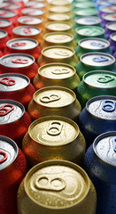 Colorful aluminum beer and soda cans arranged on a stand in a store or factory setting. Vertical recyclable product template in close-up, perfect for advertising and eco-friendly campaigns.