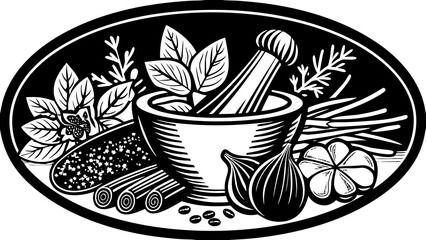 Illustration of mortar and pestle with herbs spices and vegetables in black and white oval frame
