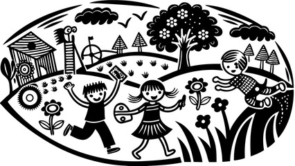 Black and white illustration of children playing in a field with a barn and trees in the background