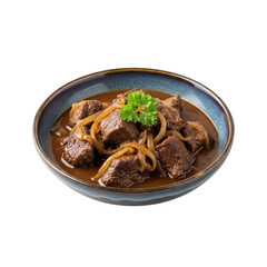 Rustic bowl of hearty Belgian Carbonnade Flamande, tender beef, caramelized onions, rich dark sauce, green parsley, on transparent isolated background. Appetizing food concept