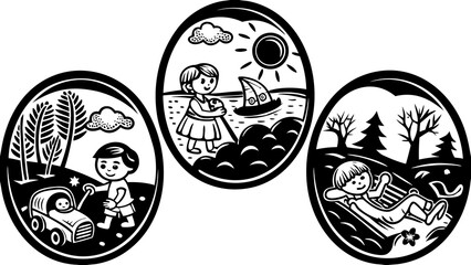 Three vignettes depicting children in different seasons and activities in black and white style art work