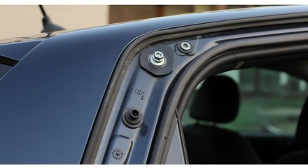 Close-up of Car Roof Frame Showing Bolts and Rubber Seal in Outdoor Setting
