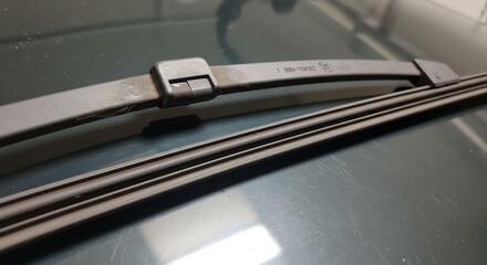 Car Windshield Wiper Blade Close Up on Dark Car Glass