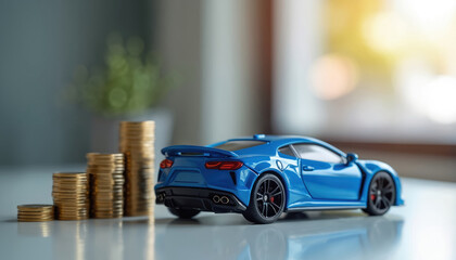 Blue sports car model beside stacks of coins automotive industry finance. Represents investment, economy, wealth, purchase decisions. Useful for car sales, business, finance, economic concepts.