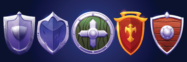 Medieval cartoon shield set for game ui - metal armor, round green cross emblem, golden royal symbol, wooden viking defense. Fantasy knight equipment assets for rpg adventure interface design.