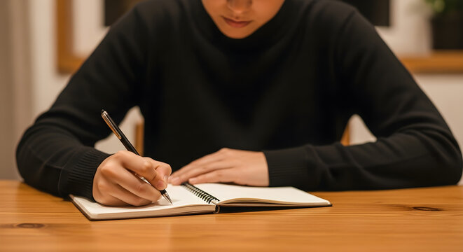 Person writing in notebook at desk, focus on study