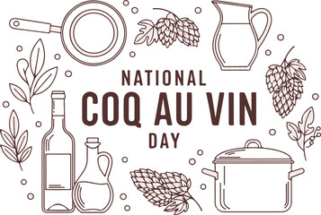Hand Drawn Outline Illustration for 'National Coq au Vin Day' with Cooking Ingredients