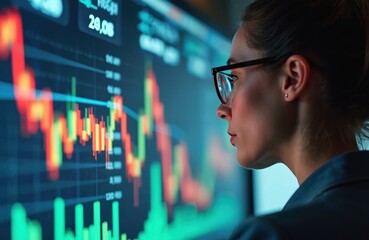 Woman with glasses intensely analyzes stock market data on digital screen. Financial charts display trading numbers, graphs. Futuristic technology represents investment, economy, business research.
