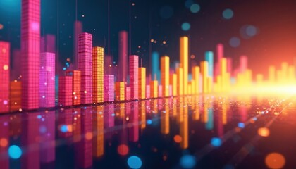 Dynamic colorful bar chart visualizes business metrics, finance trends, market growth. Abstract digital data display with glowing lights, showing progress, success in technology, economy. Vibrant
