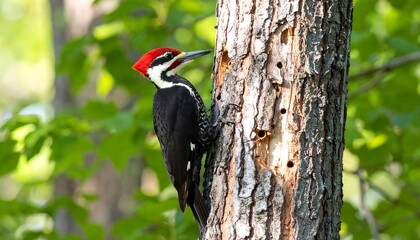 Pileated woodpecker perched on a tree trunk, its red crest and black and white plumage contrasting with the bark