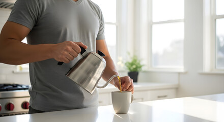 Man Pouring Hot Water into Mug at Home for Morning Coffee