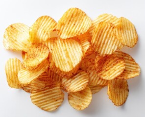 Pile of wavy potato chips, golden brown, seasoned
