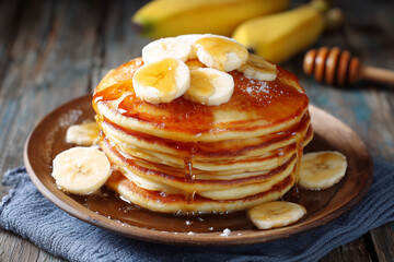Top‑down banana pancake stack with syrup