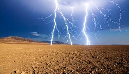 Dramatic lightning strikes across a flat desert landscape at night