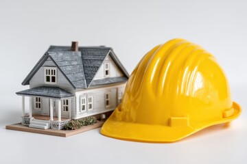 Model House and Yellow Construction Helmet on White Background