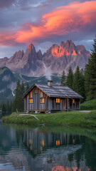 Naklejka premium Cozy mountain cabin nestled beside a serene lake at sunset
