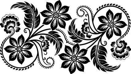 Elegant floral design with intricate details featuring flowers leaves and swirling vines in black and white