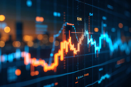 Futuristic financial data graph glowing on digital screen interface with abstract city lights background, ideal for finance technology, stock analytics, cryptocurrency, and smart data concept visuals - Powered by Adobe