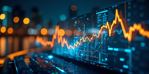 Futuristic financial data graph glowing on digital screen interface with abstract city lights background, ideal for finance technology, stock analytics, cryptocurrency, and smart data concept visuals