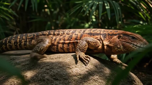 Stunning Tegu Lizard Sunbathing on a Rock in a Tropical Forest. AI video