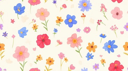 Abstract seamless pattern with cute hand-drawn meadow flowers, soft colors and playful shapes create a stylish natural background.