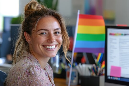Happy lesbian woman smiling at computer in the office during LGBTQ pride month. Candid gay female office employee celebrating pride with rainbow flags, Generative AI